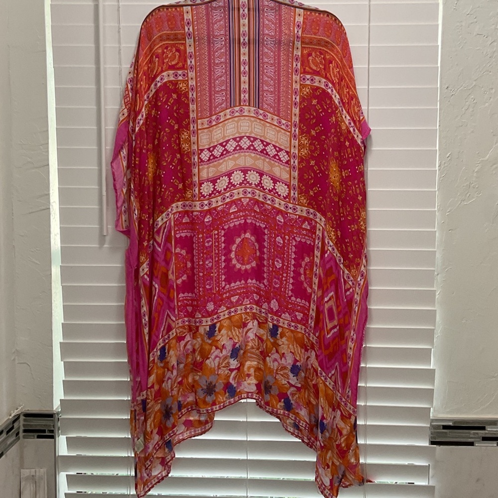 Moss Rose Vibrant Pink & Orange Floral Kimono Cover-Up; OS - Picture 3 of 3
